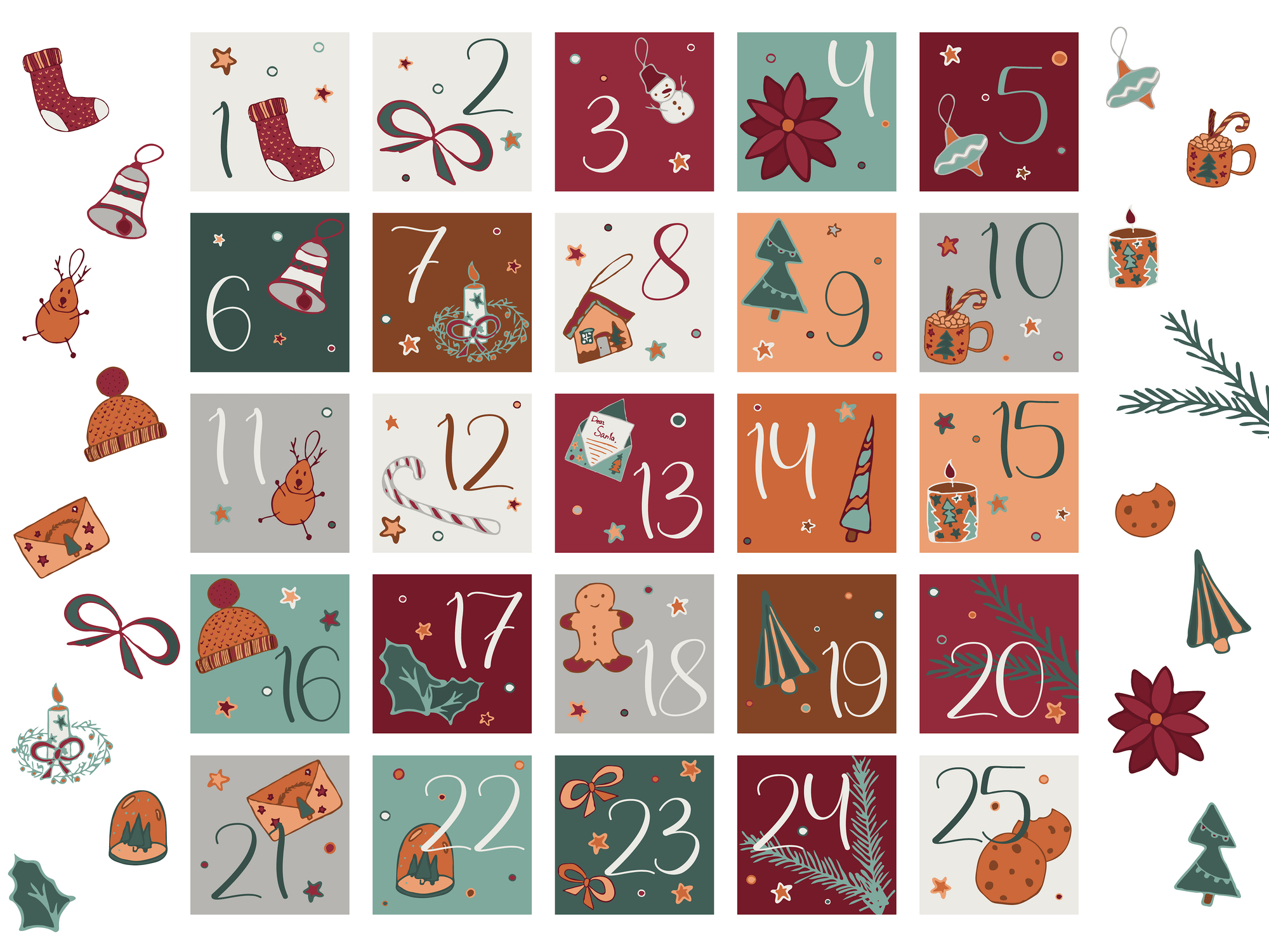 Merry Christmas sticker set with clipart and count down 1 to 25. Winter holiday gift labels ready to print. Vector graphic for sublimation or package decoration. 